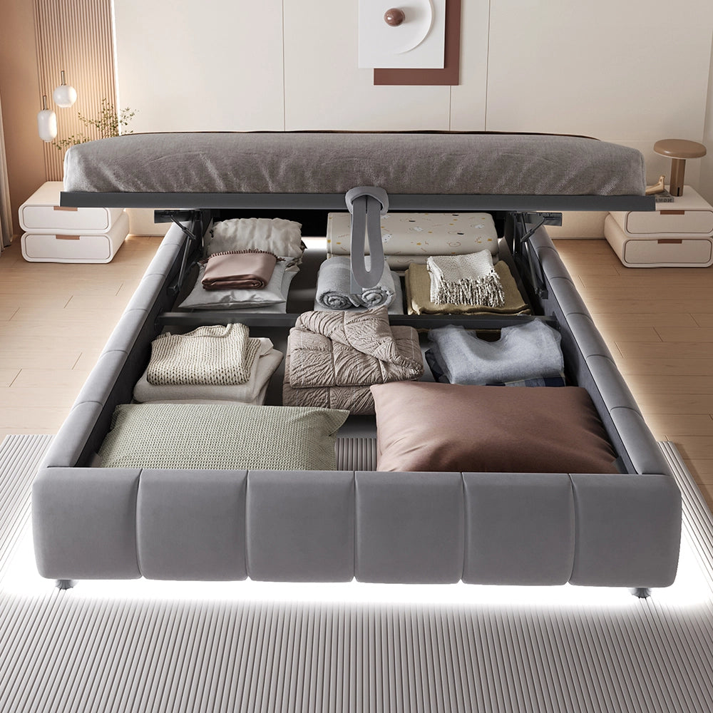 Letto-Xylo-140x200 cm-LED, idraulico, sospeso, grigio