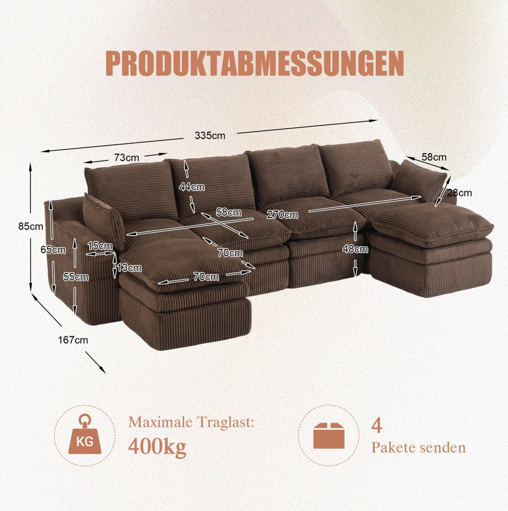 Divano modulare 4 posti in corduroy marrone; 335x167x85 cm; con 2 pouf e tasche laterali