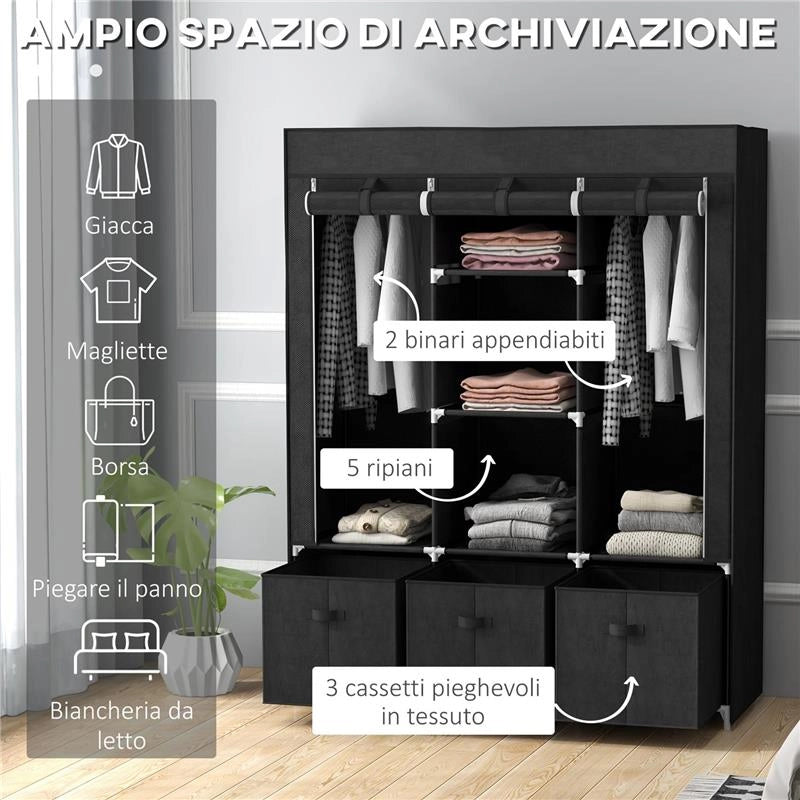 ARMADIO IN TESSUTO GUARDAROBA PIEGHEVOLE SALVASPAZIO 125X43X162.5CM NERO