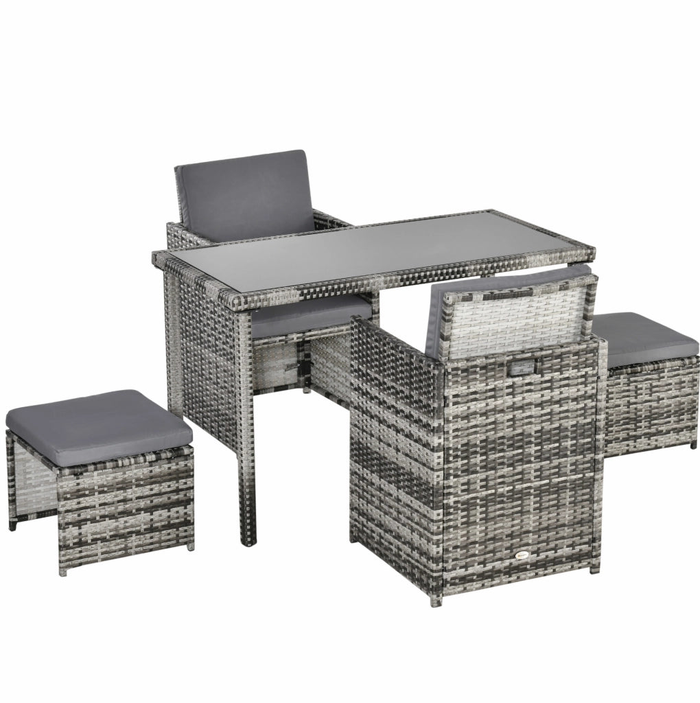 Salottino 5 pezzi in polyrattan grigio con cuscini e tavolo con piano in vetro