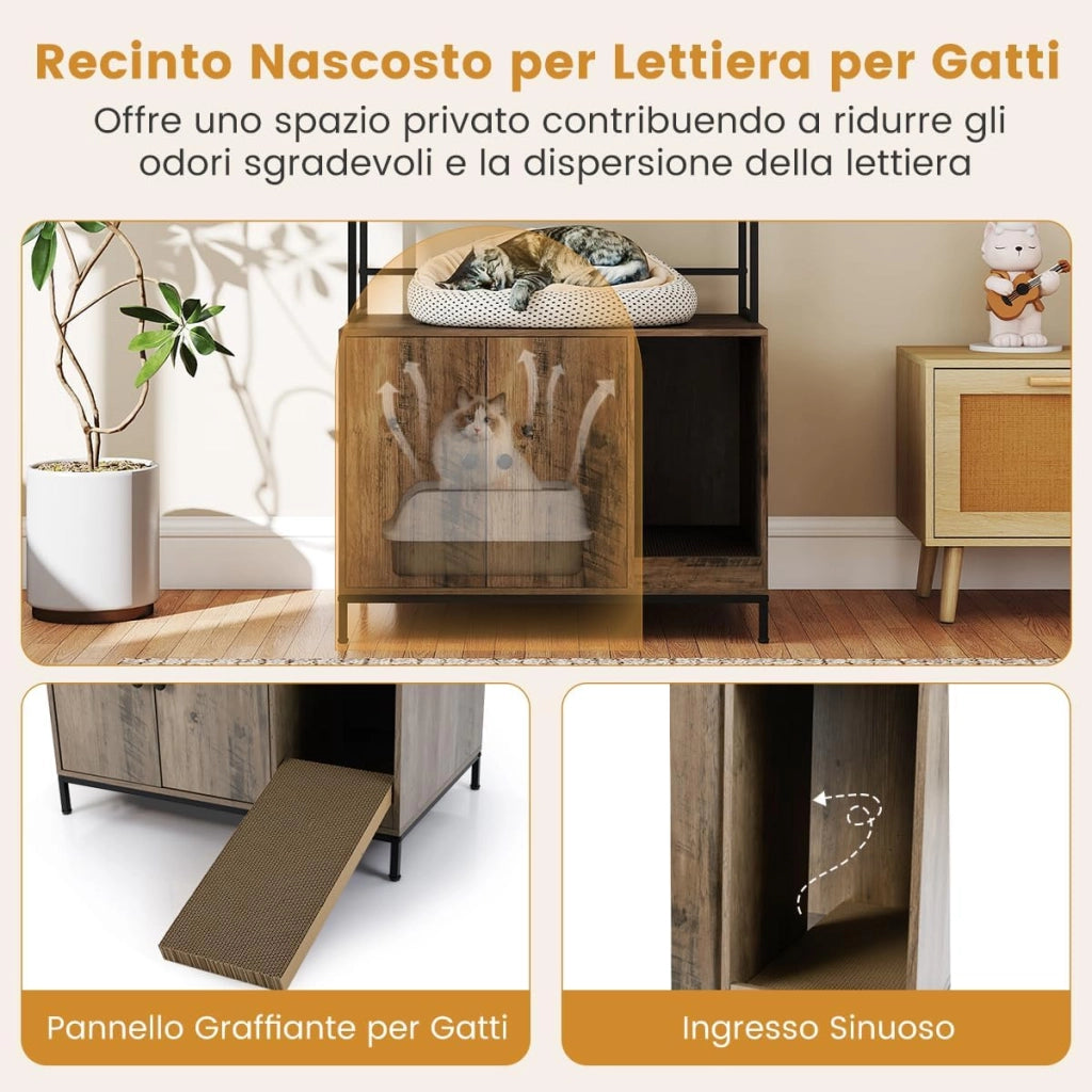Mobile Lettiera per Gatti con Ripiani Portaoggetti, Armadietto per Gatti con Ganci, Struttura in Metallo e Tavola da Graffiare, Mobiletto per Gattini in Legno Moderna per Interni