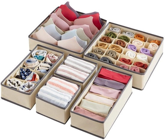 Organizzatori per la gestione delle vesti interne, 6 pezzi, cassetti pieghevoli per l'organizzazione e contenitori per la conservazione di lingerie, reggiseni, mutande, calze.