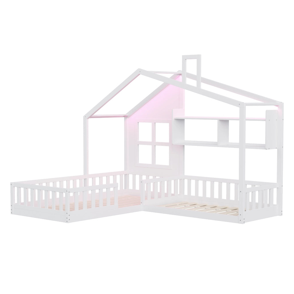 Letto per bambini a casetta 90 × 200 cm con LED, ripiani e barriera di sicurezza, senza materasso, bianco