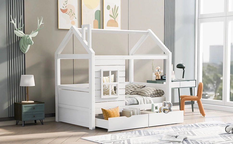 Letto per bambini in legno massello di pino bianco 80x160 cm con sponde, finestre decorative, reti a doghe e 2 cassetti contenitore