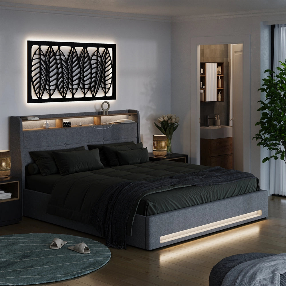 Vitalispa Letto imbottito Grigio/quercia 180x200 con LED, porta USB e materasso