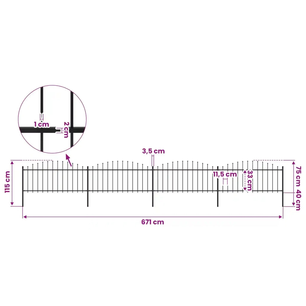Recinzione da Giardino con Punta a Lancia in Acciaio 671x75 cm Nero 277706