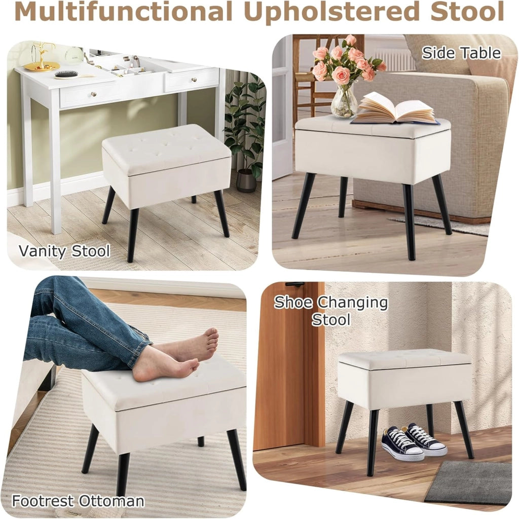 Sgabello in Velluto con Contenitore, Poggiapiedi per Soggiorno con Gambe in Legno Massello, Coperchio Ribaltabile, Sgabello per Cambiare Scarpe all’Ingresso (Beige)