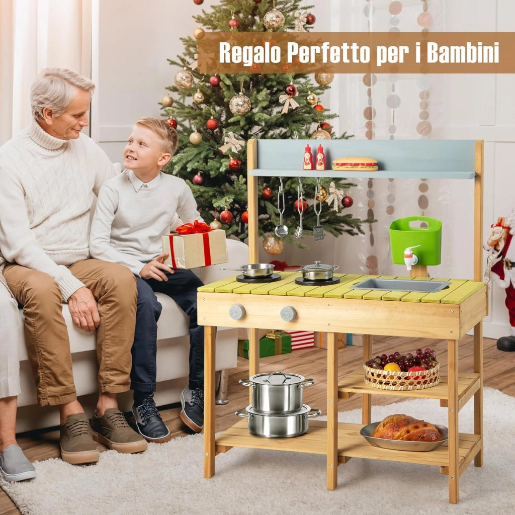Cucina Giocattolo per Giardino in Legno di Abete, Cucina per Bambini con Serbatoio dell'Acqua e Lavello Rimovibili, 3 Ripiani Aperti, Funzione Suoni, per Bambini 3+ Anni (Naturale)