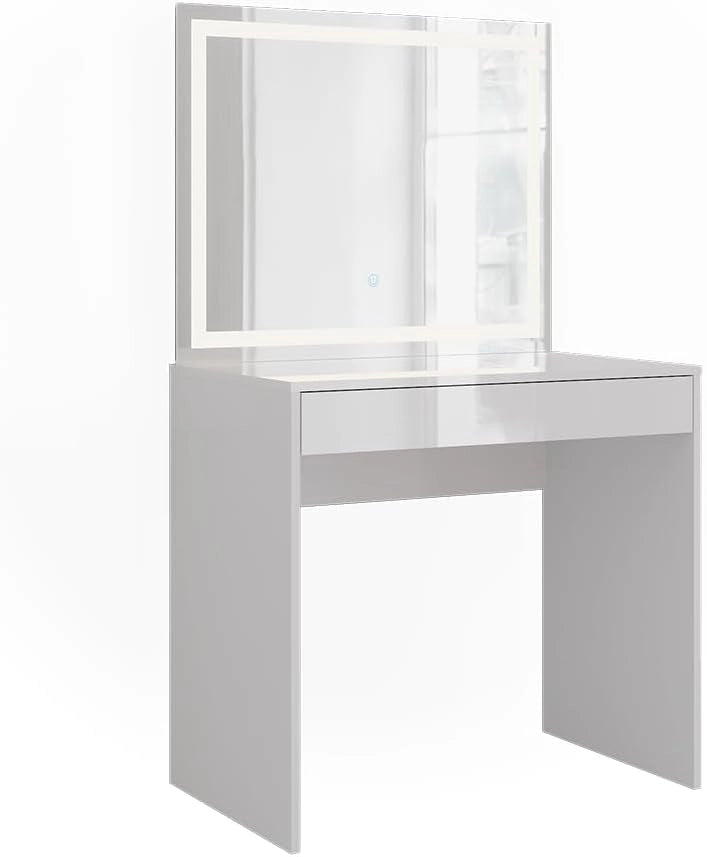 Tavolo da toeletta Sherry, Bianco/bianco lucido, 81.4 cm con specchio LED, per l'organizzazione di cosmetici e prodotti per la cura personale