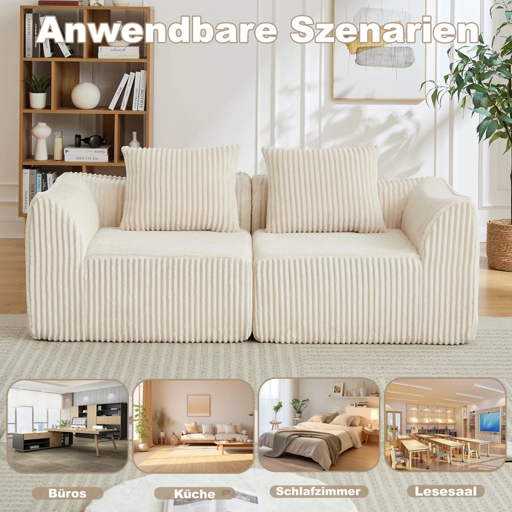 Divano modulare in velluto a coste con linee curve e seduta extra larga senza montaggio, beige chiaro per soggiorno