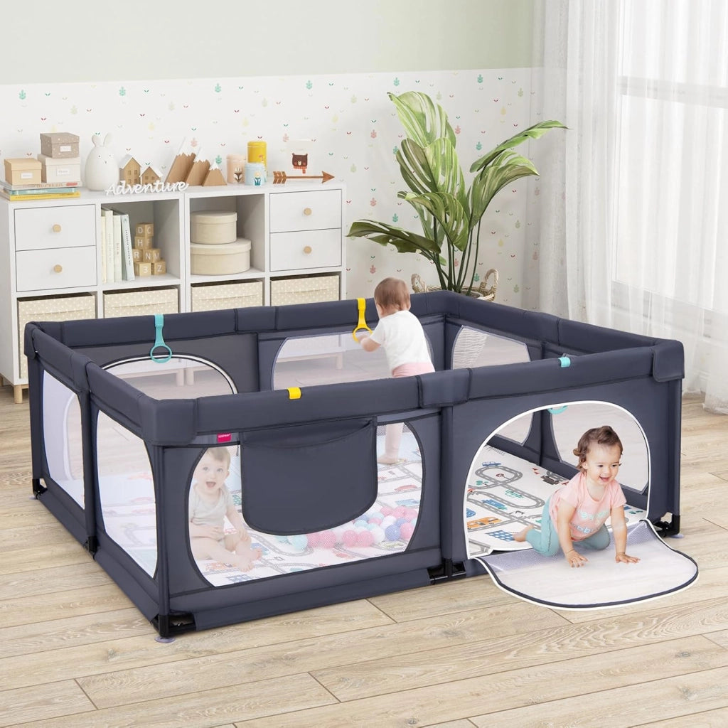 Box per Bambini con Materassino, Recinto per Bambini con 4 Anelli e 50 Palline Colorate, Rete Traspirante, Tasca e Borsa, Box Giochi per Bambino 0-3 Anni (Grigio Scuro, 189 x 158 cm)