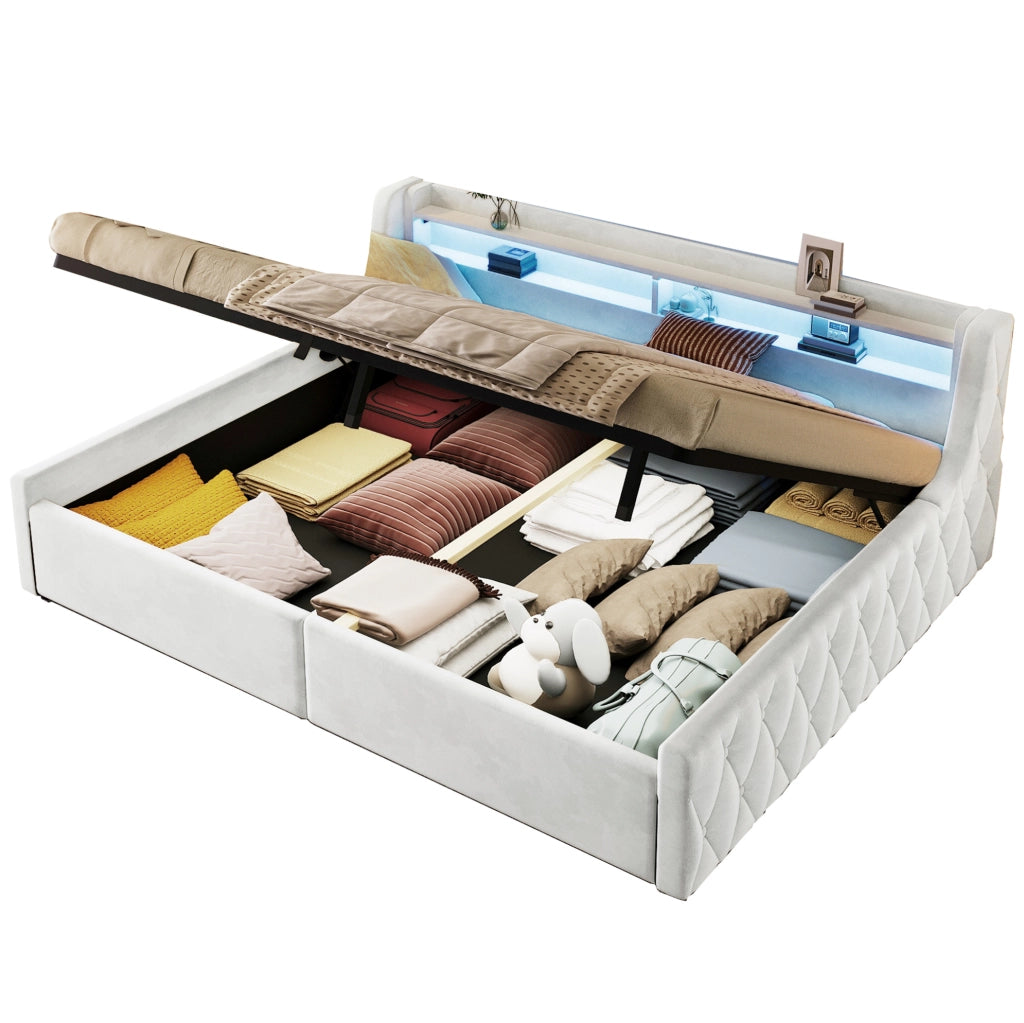 Letto imbottito 140x200 cm in flanella beige; con contenitore e testiera LED