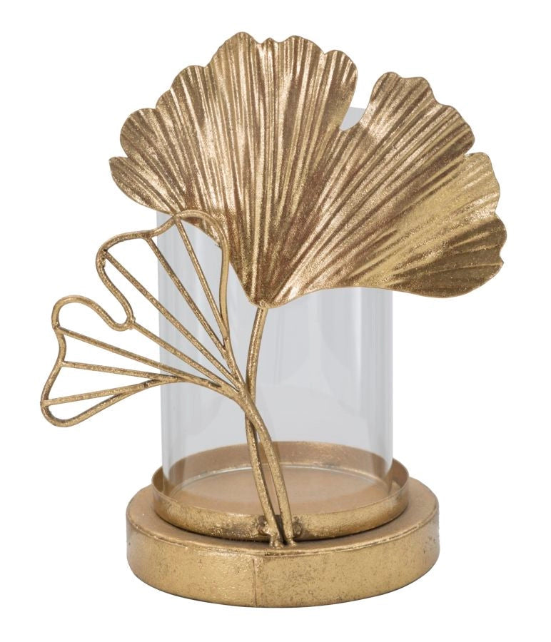 Portacandele Leaf 17x12x21 cm in Ferro e Vetro Oro