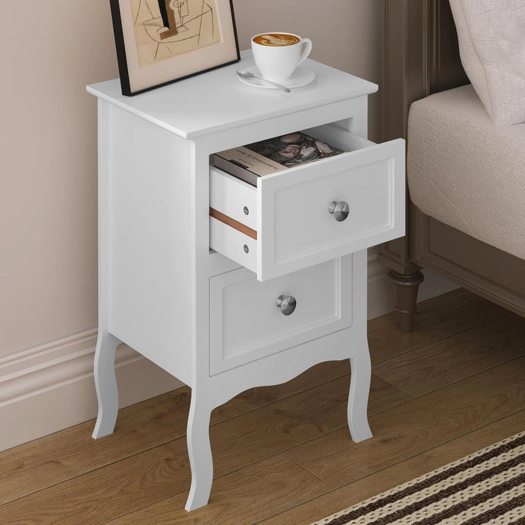 Set di 2 Comodini Shabby Chic Bianchi con 2 Cassetti per Camera da Letto Comodino da Notte in MDF 40x30x60cm TS119ws