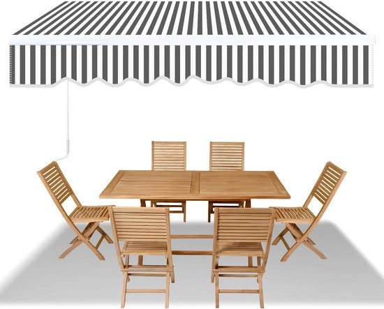 Ombrellone in Polyester 280 g/m², 350 x 300 cm, Acquaportato, a Mano, per Terrazza e Balcone, con Strisce Bianche e Grigie