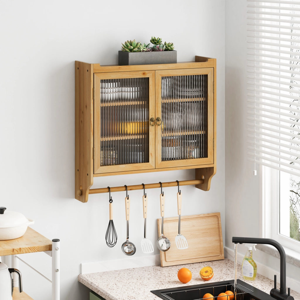Armadio Pensile con 2 Ante in Vetro Cannelato; 3 Ripiani; Porta-Asciugamani; Stile Vintage; in Legno e MDF; 63×60×18 cm; Naturale