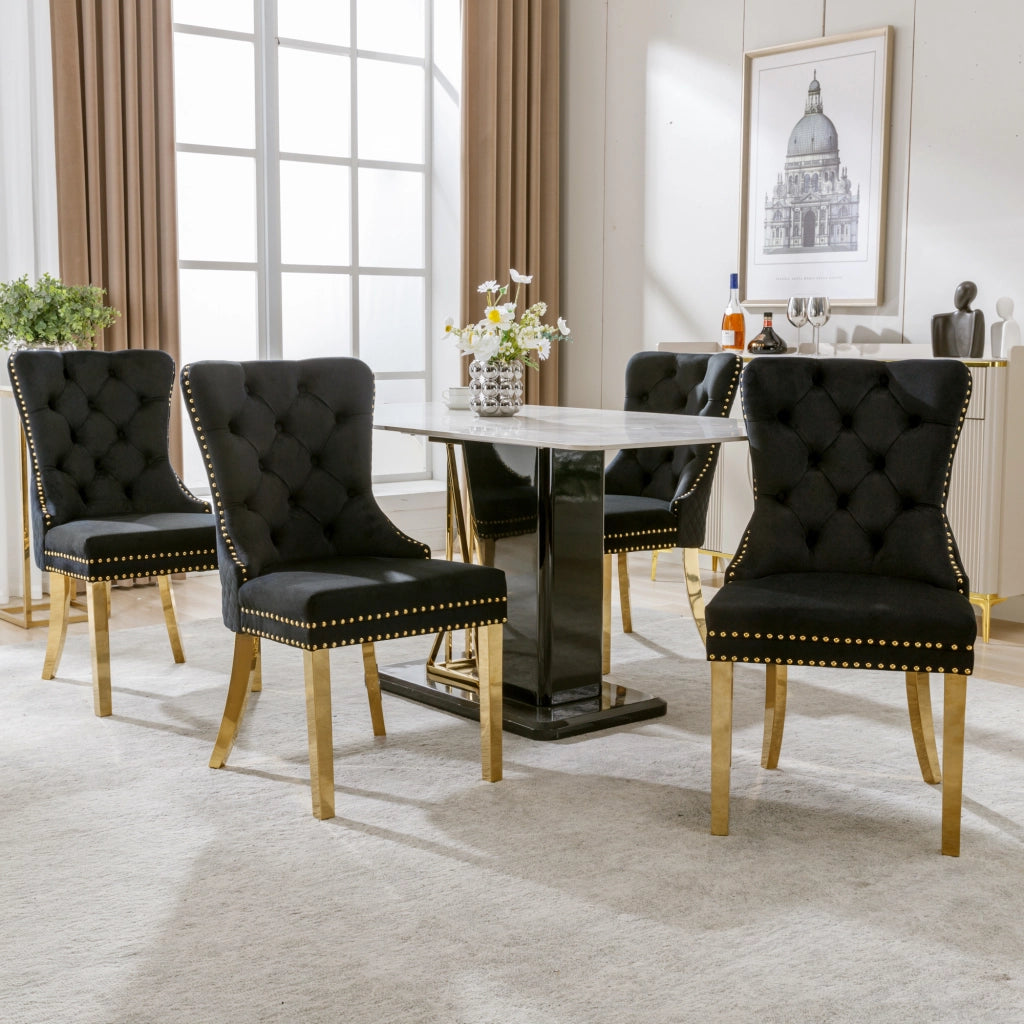 Sedia da Pranzo con Anello Posteriore e Borchie Decorative, in Velluto Nero, 50.5 × 45 × 95 cm