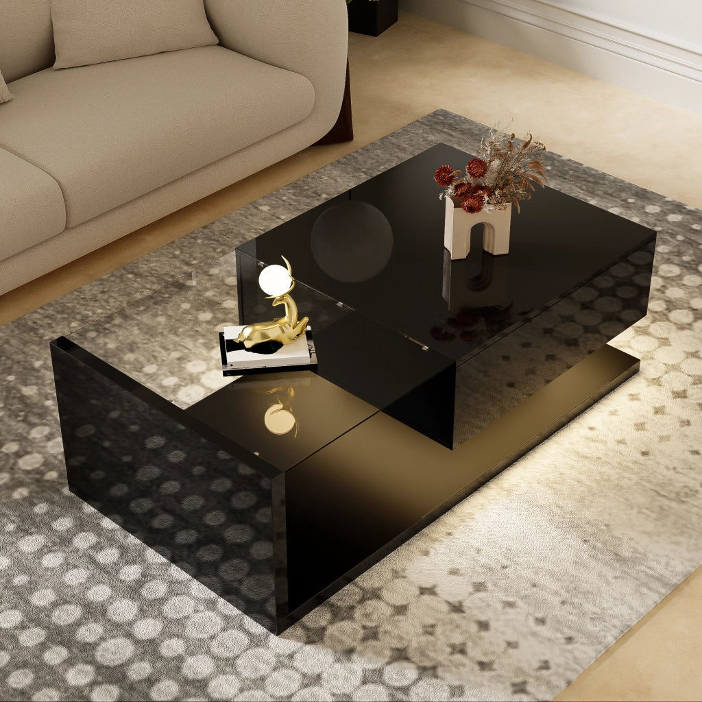 Tavolino da caffè 105x55x32.5 cm; piano in vetro temperato con LED a 16 colori; pannello truciolare nero