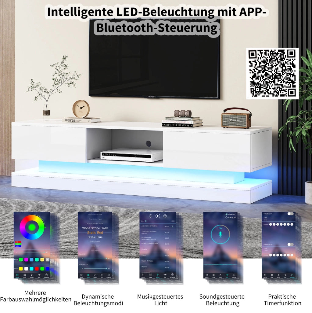 Mobile TV bianco lucido 160 cm con LED RGB, 2 cassetti e controllo app