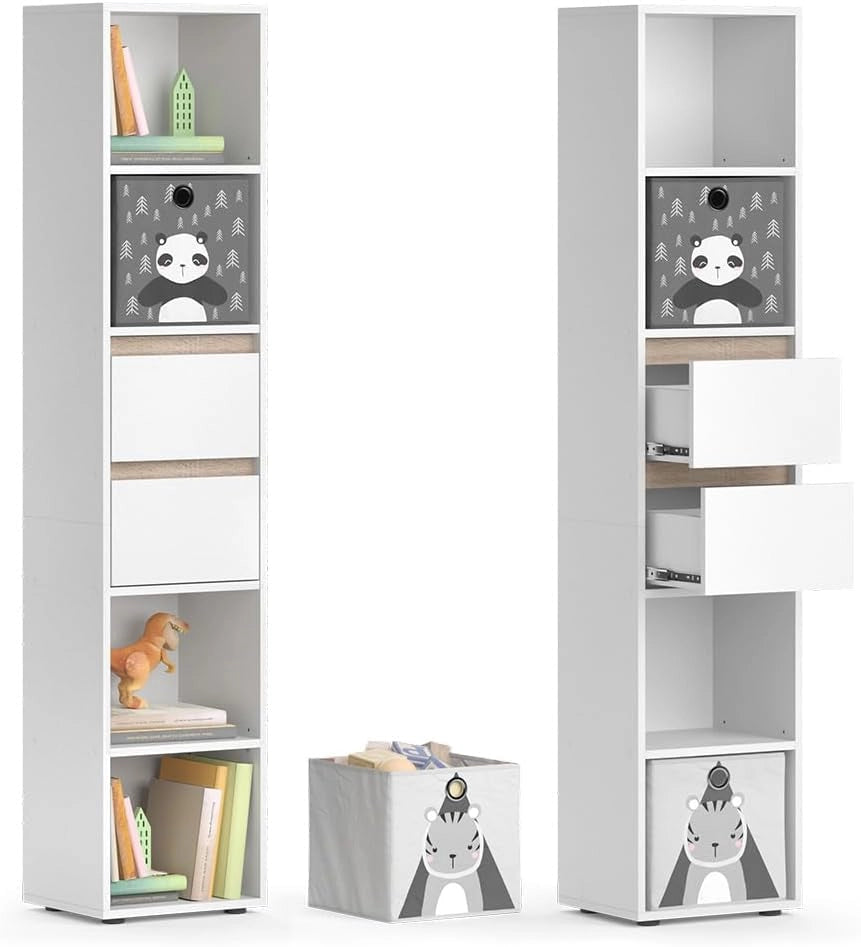 Libreria bambini Robert, Bianco, 36.2 x 171 cm con box pieghevole grigio, adatto per riporre giocattoli e libri