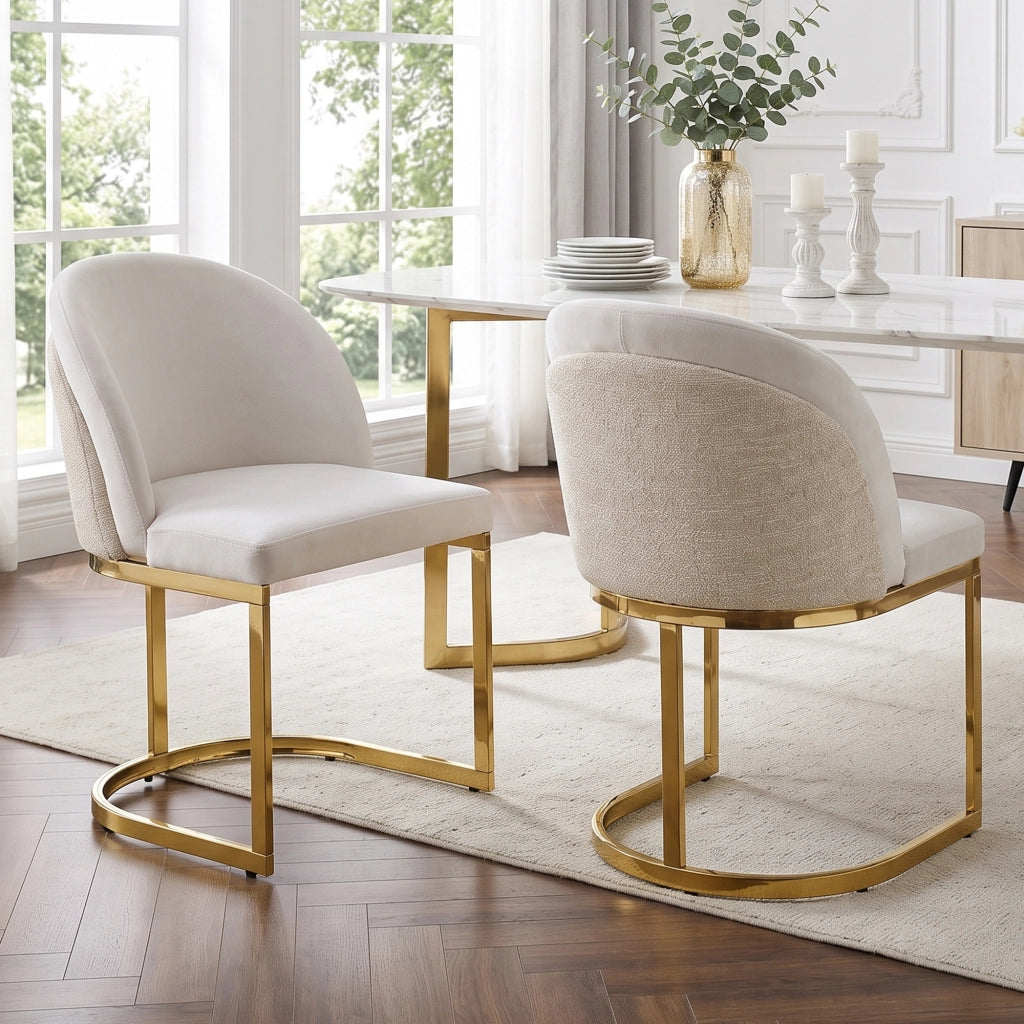 2 sedie da pranzo in Chenille beige e oro, schienale doppio, gambe in metallo galvanizzato, design moderno