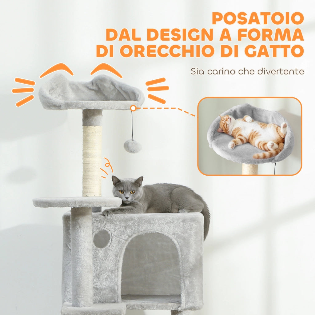 Albero Tiragraffi per Gatti con 2 Casette, Amaca e Lettino ¨C Zephmum ¨C Grigio 48x48x160 cm
