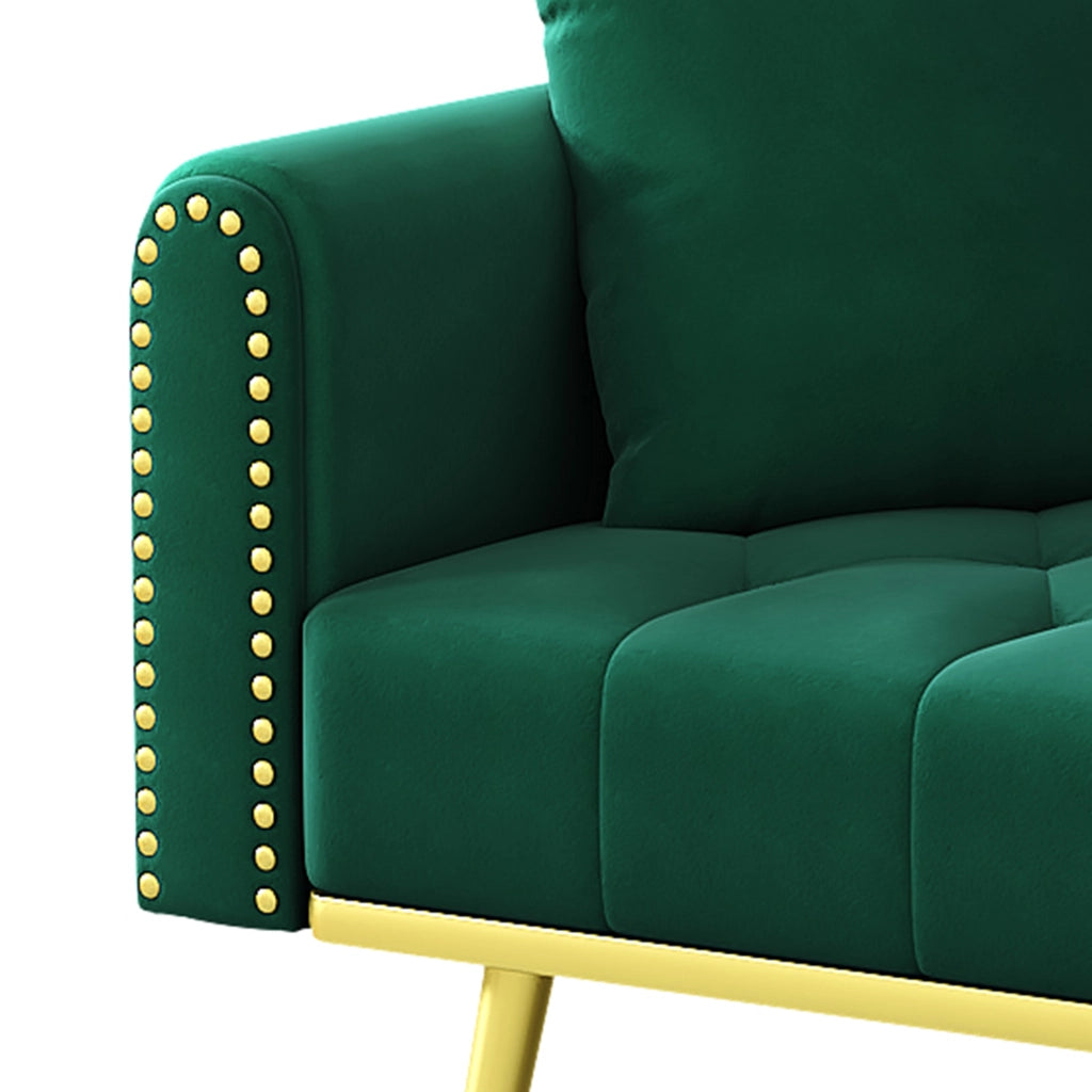 Divano letto multifunzione in velluto verde con schienale reclinabile e portabicchieri, 2-3 posti