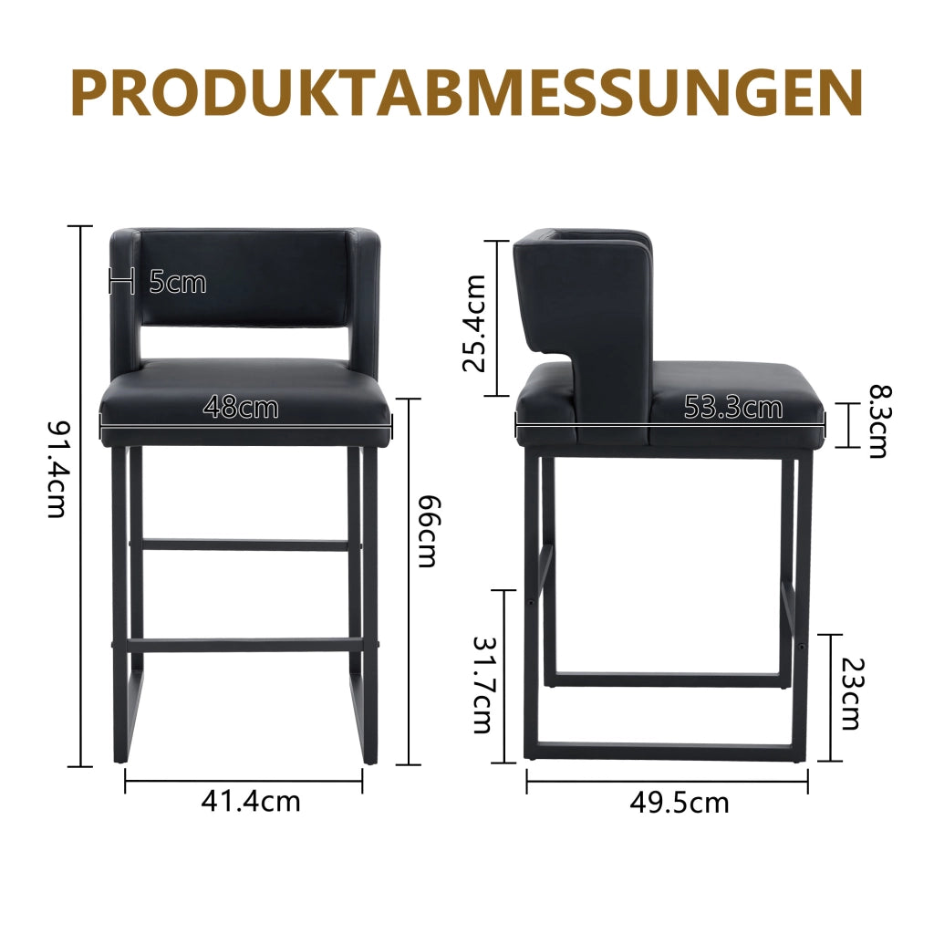 Set di 2 Sgabelli da Bar; Seduta Quadrata Imbottita; Stile Nordico; Metallo e Similpelle; Nero