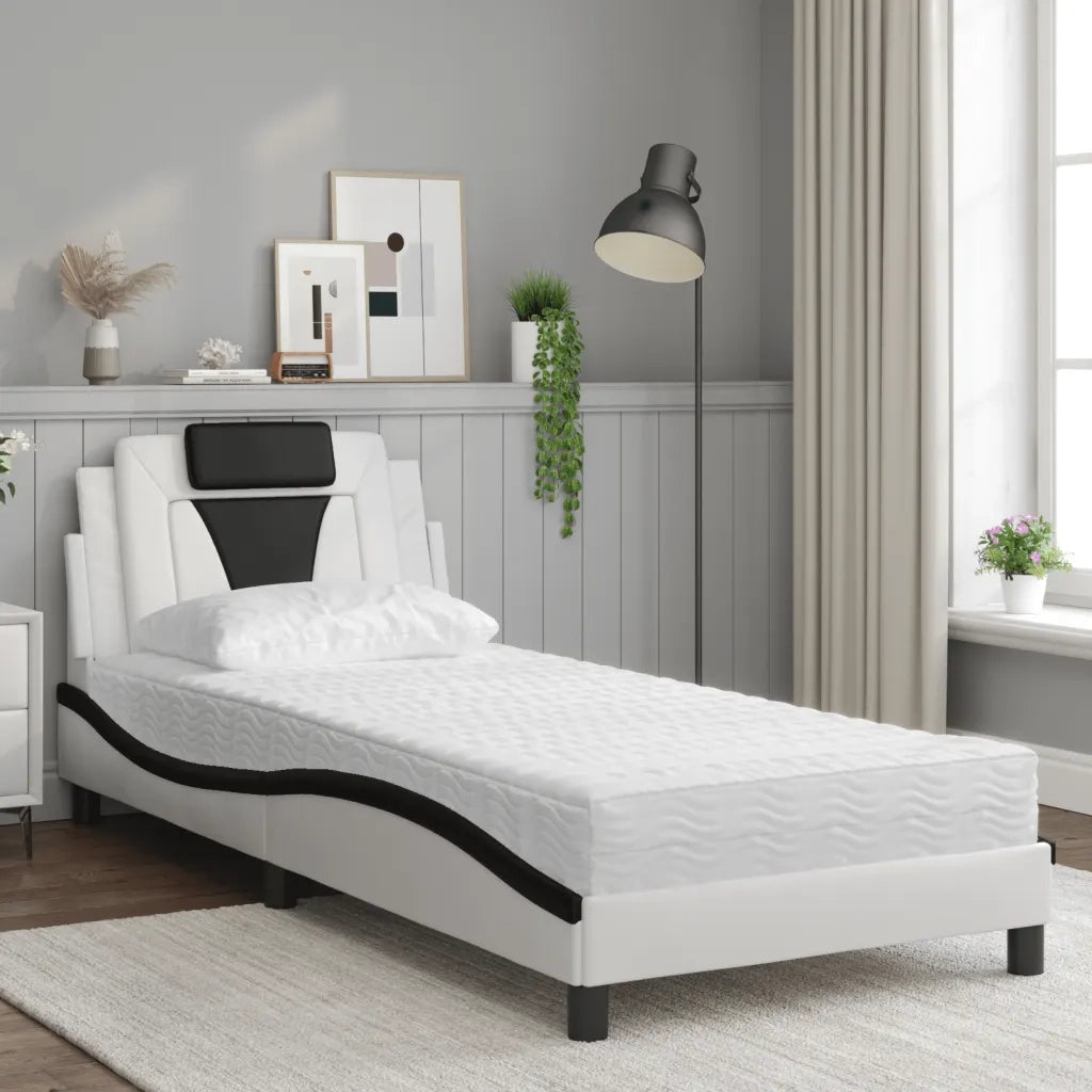 Letto con Materasso Nero e Bianco 90x200 cm in Similpelle