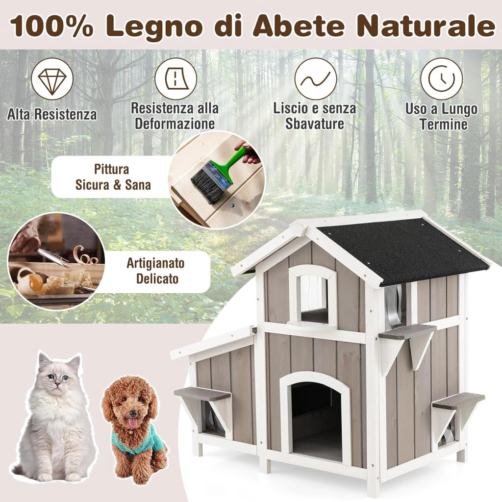 Casetta per Gatti con 2 Ingressi Frontali e 4 Bucchi con Tende in PVC, Villa per Gatti in Legno di Abete a 2 Piani con Tetto Impermeabile, Cuccia per Animali Piccoli, 100 x 64 x 82,5 cm