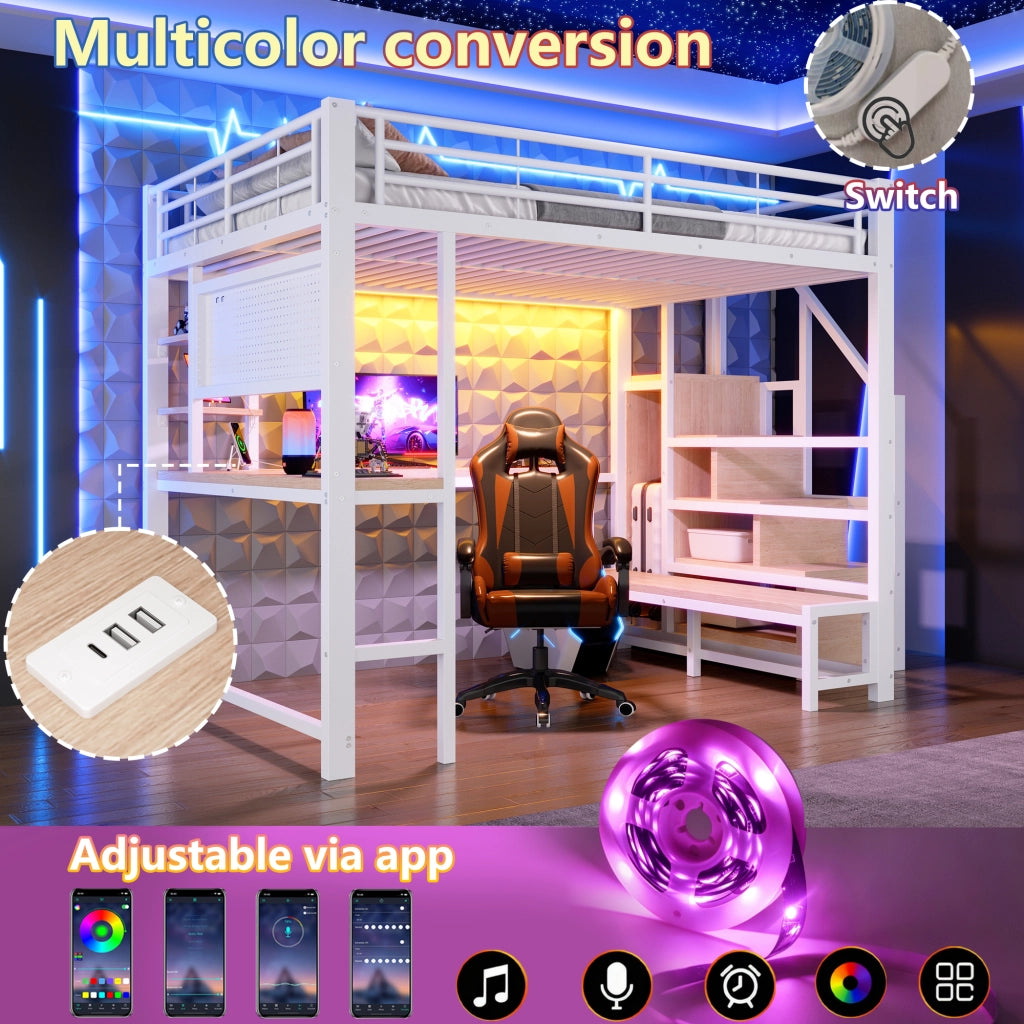 Letto a soppalco 140x200 cm con scrivania; LED; USB-C; scaffali e scala contenitore bianco