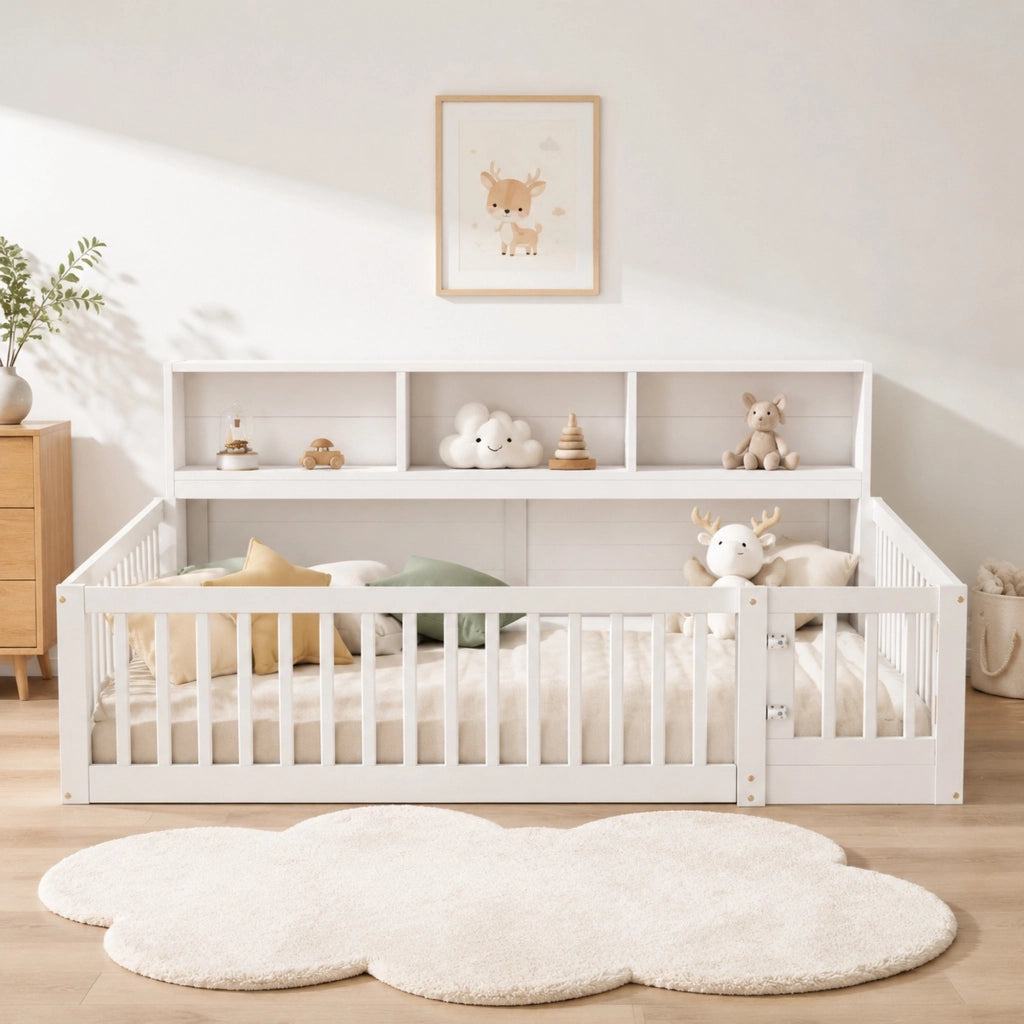 LETTO GIORNO 140x200 cm in pino e MDF bianco con sponde e vani laterali