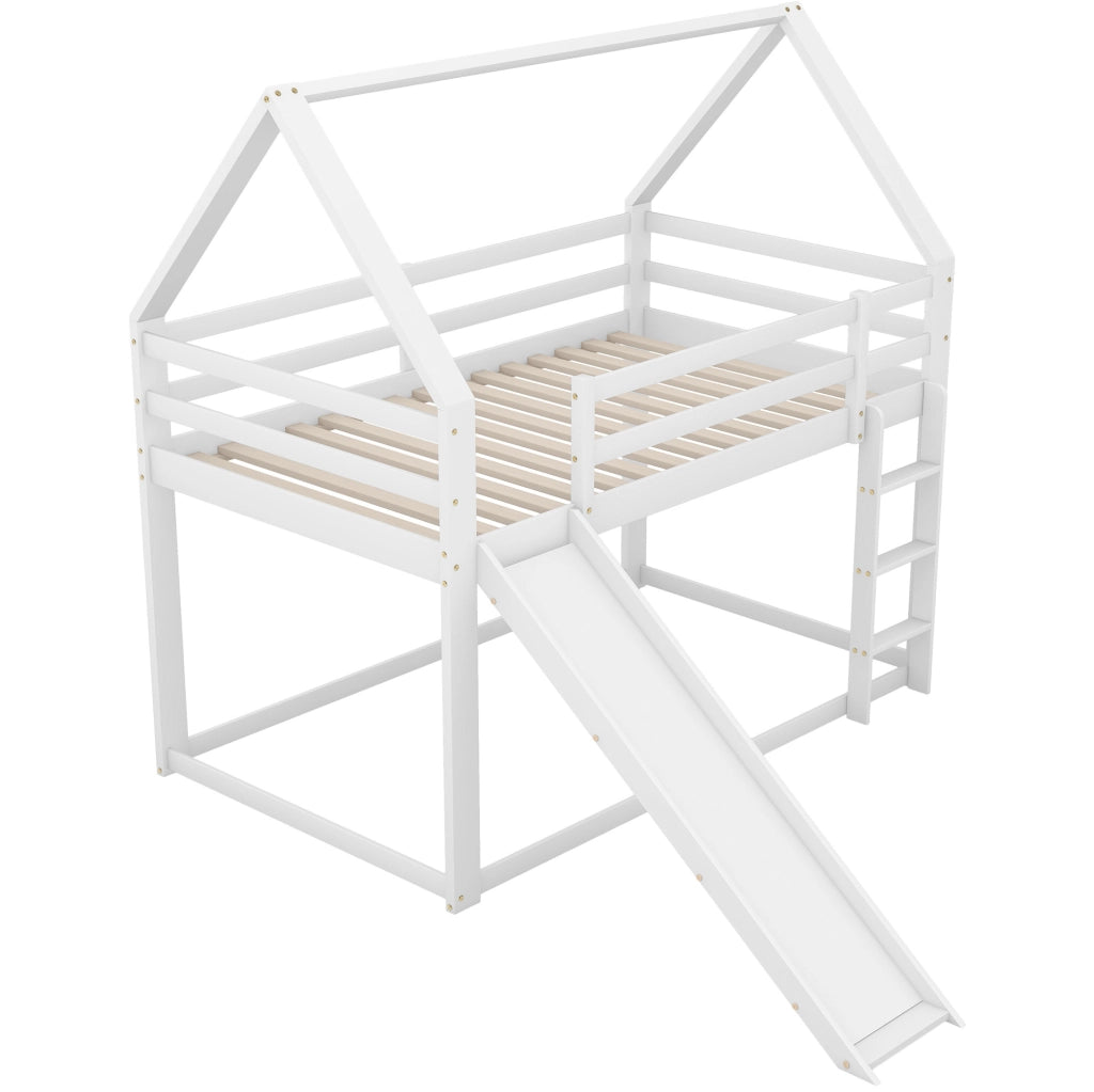 Letto a castello a casetta 90x200 cm con scivolo e scala, bianco
