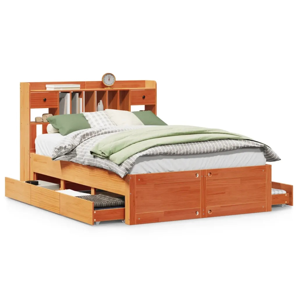 Letto Libreria senza Materasso Marrone Cera 140x200 cm in Pino