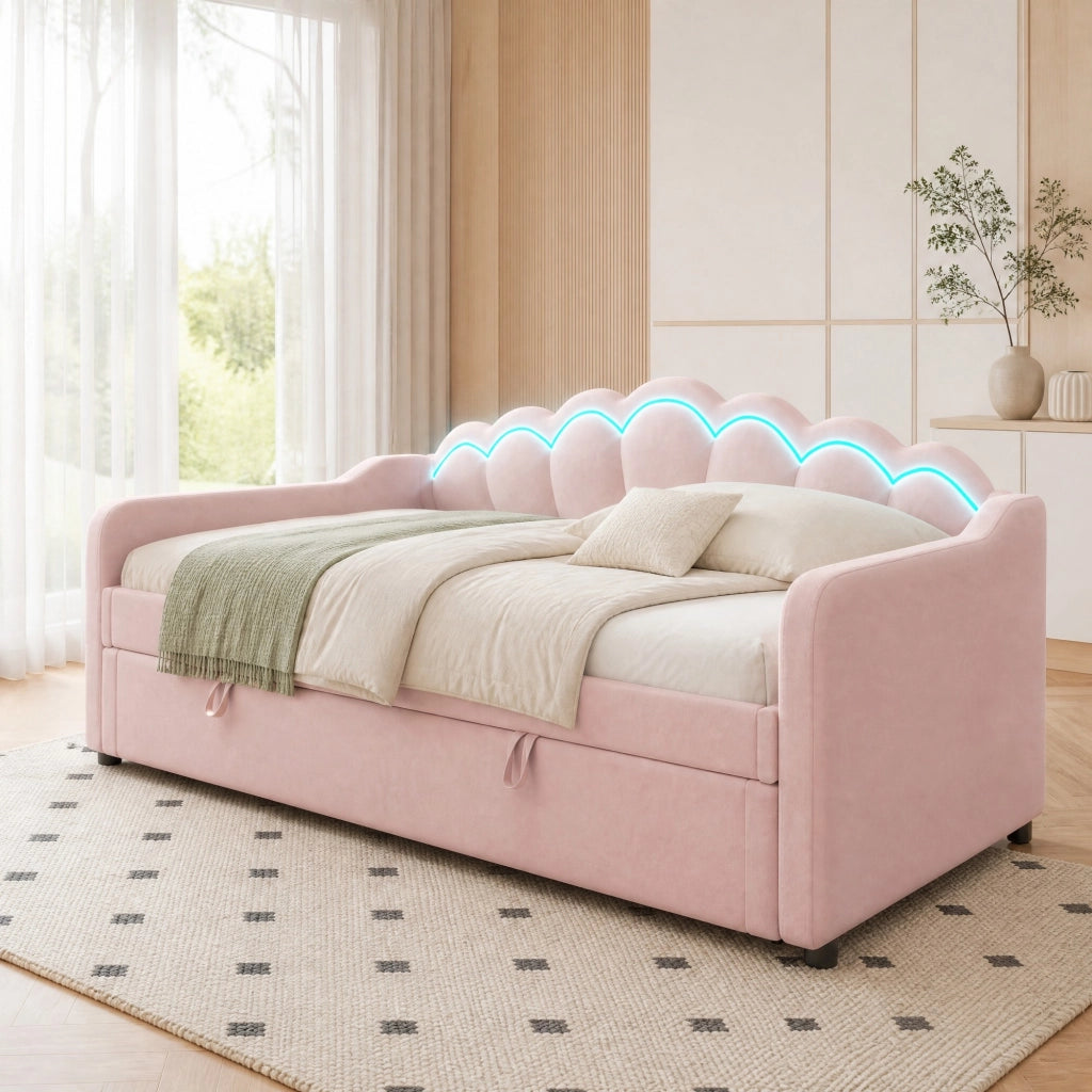 LETTO Singolo 90x200 cm in Velluto Rosa con LED e vano contenitore