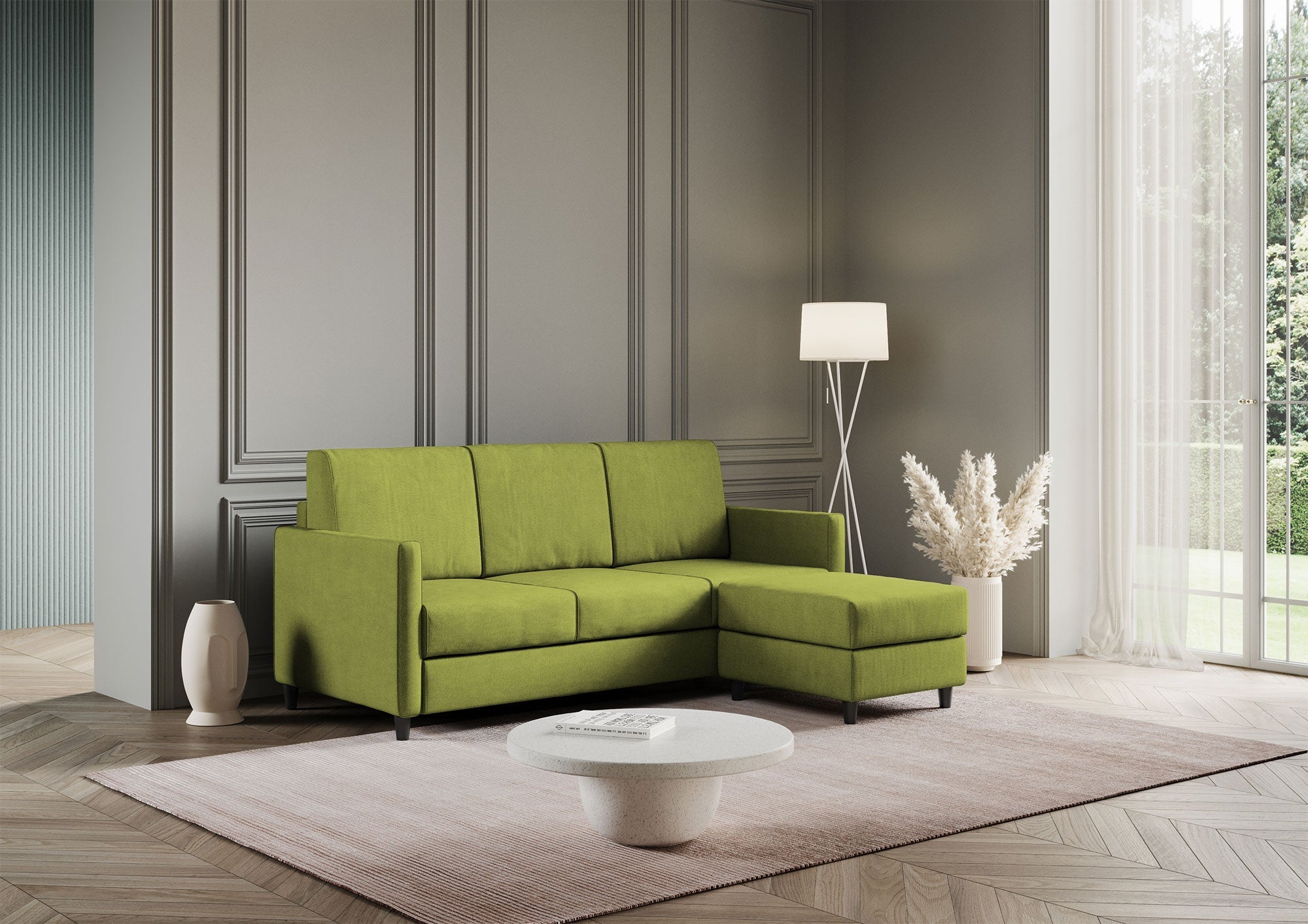 Divano 3 Posti con Pouf 198x155x85 cm Karay in Tessuto Verde