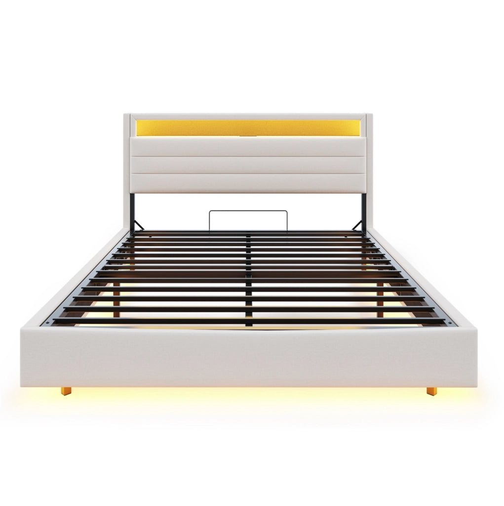 Letto imbottito matrimoniale 140x200 cm con contenitore idraulico; USB e luci LED; beige