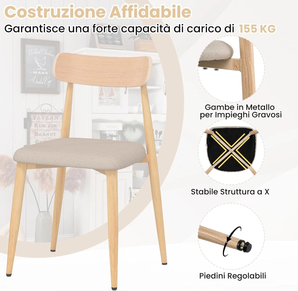 Set di 2 Sedie da Pranzo Moderne, Sedie Rivestite in Tessuto di Lino con Gambe in Metallo Robusto, Seduta Imbottita, Schienale Curvo, Sedia senza Braccioli per Sala da Pranzo e Soggiorno