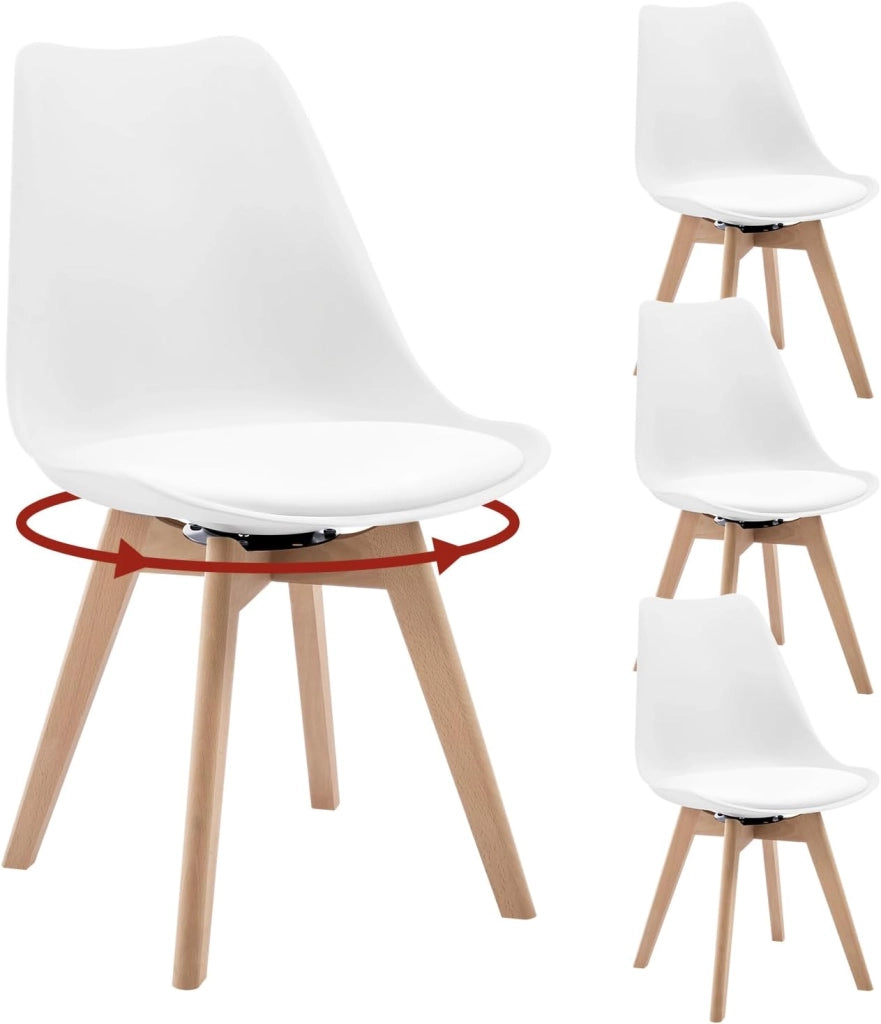 Sedie da Pranzo Set di 4, Sedie Girevoli da Cucina con Imbottite Moderne, per Sala da Pranzo, in Legno Massello e Pelle Sintetica, Bianco, EZS77ws-4