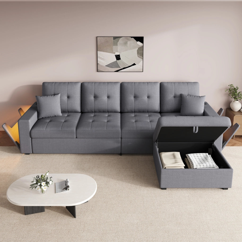 DIVANO ANGOLARE L 4 POSTI 253 cm Grigio Antico in Lino con pouf posizionabile