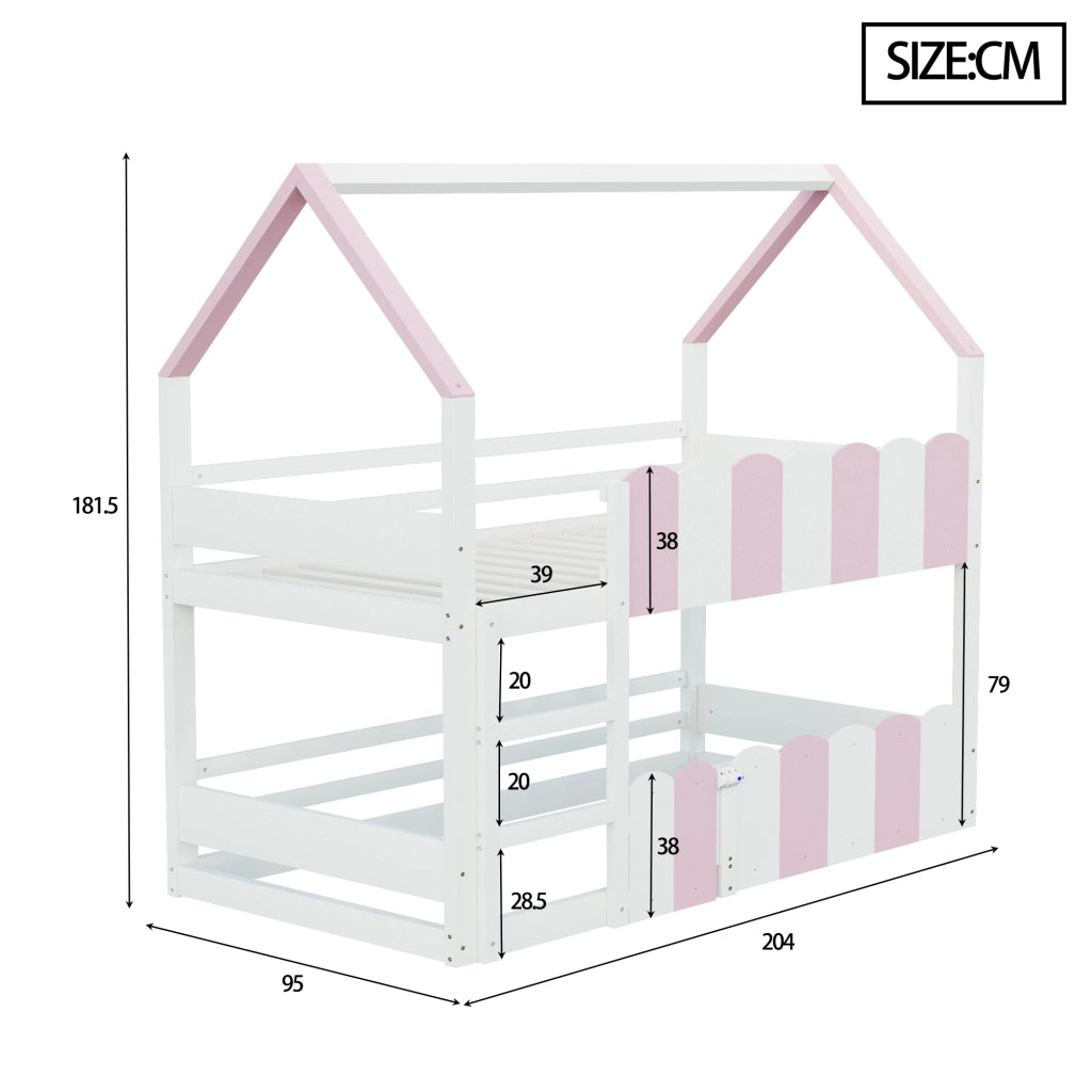 OKWISH Letto a Castello 90×200 cm, Letto Singolo con Design a Casetta, Scala Dritta e Sponde di Sicurezza, senza Materasso, Bianco e Rosa