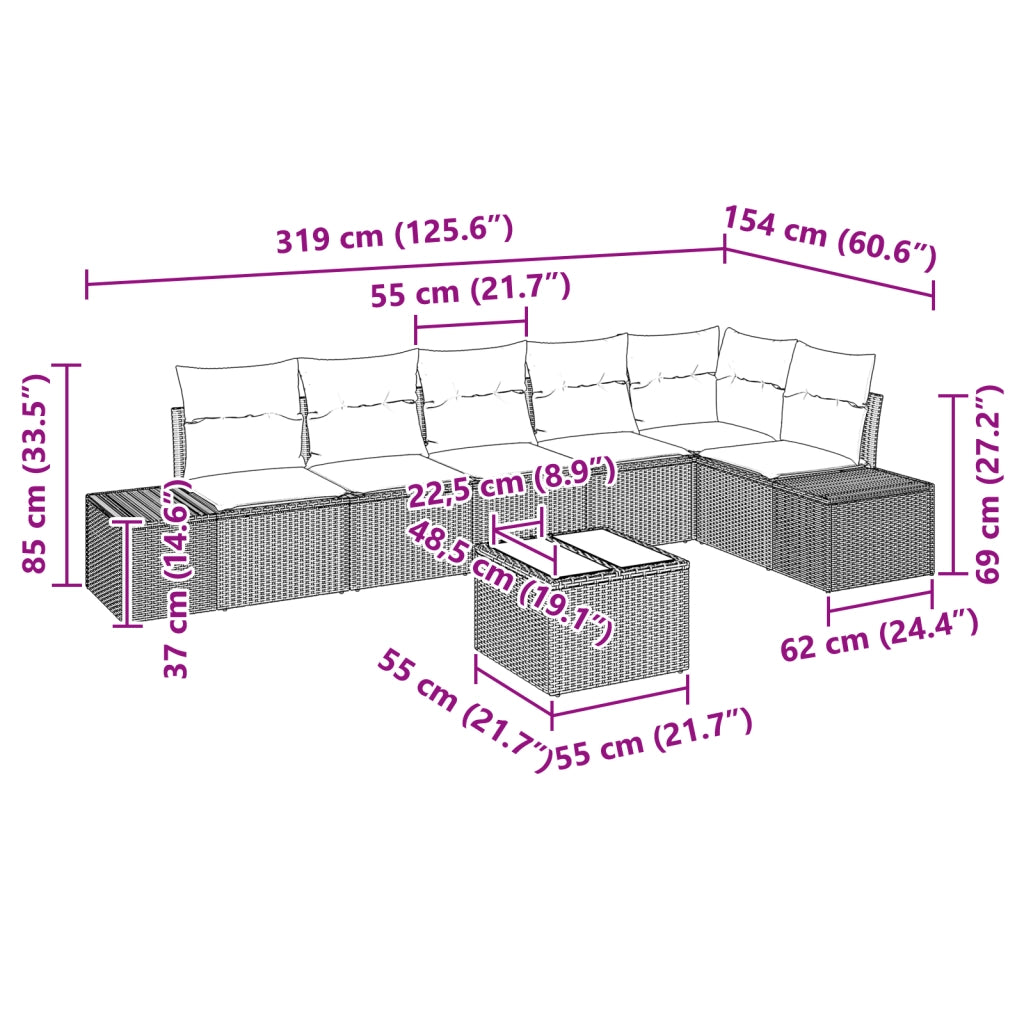 Set Divano da Giardino da 7 Pezzi con Cuscini Beige Polyrattan