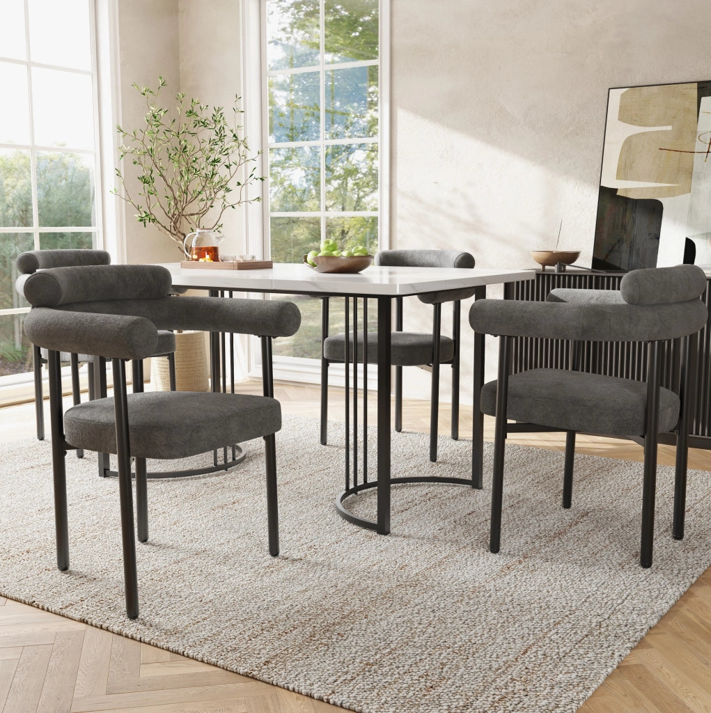 Set da pranzo 5 pezzi con tavolo 140x80x75 cm e 4 sedie; struttura in metallo e MDF bianco grigio scuro