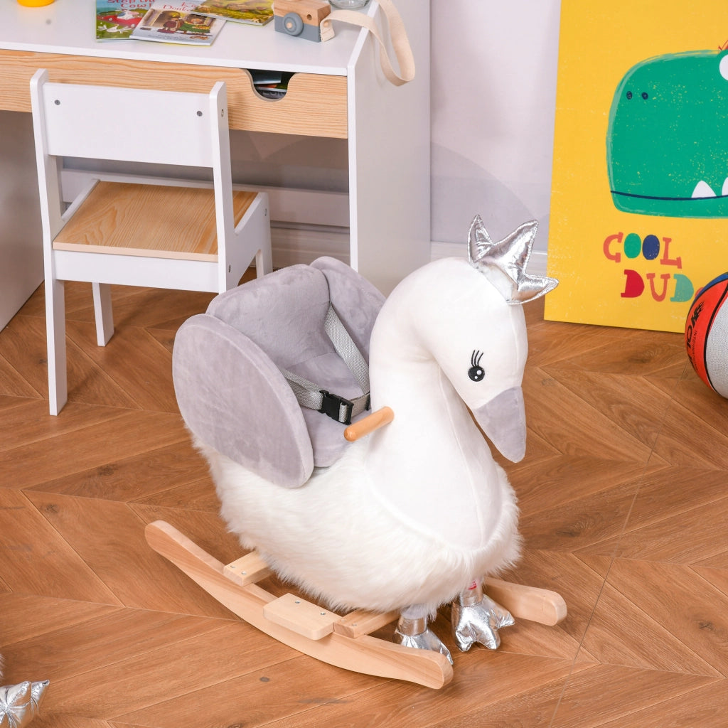 Cavallo a dondolo cigno in legno e peluche ¨C Xylo ¨C bianco e grigio, 18-36 mesi