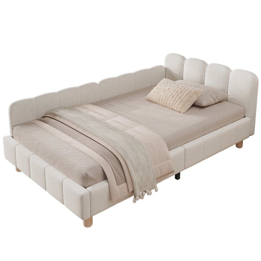 Letto singolo imbottito per bambini 90 x 200 cm in velluto beige con testiera ergonomica, sponde laterali e gambe in legno