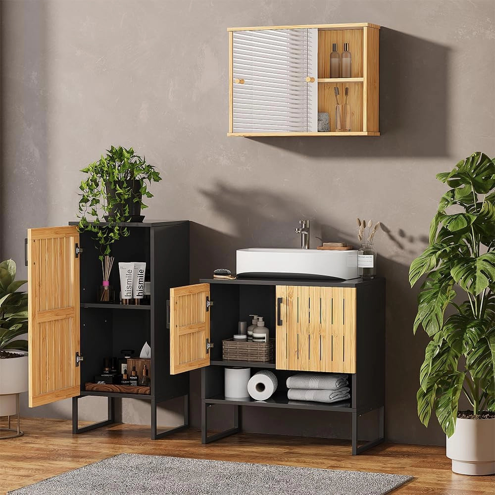 Set di mobili da bagno Vayra, Bambù, 60 cm, composto da mobile sottolavabo, specchiera e mobile medio