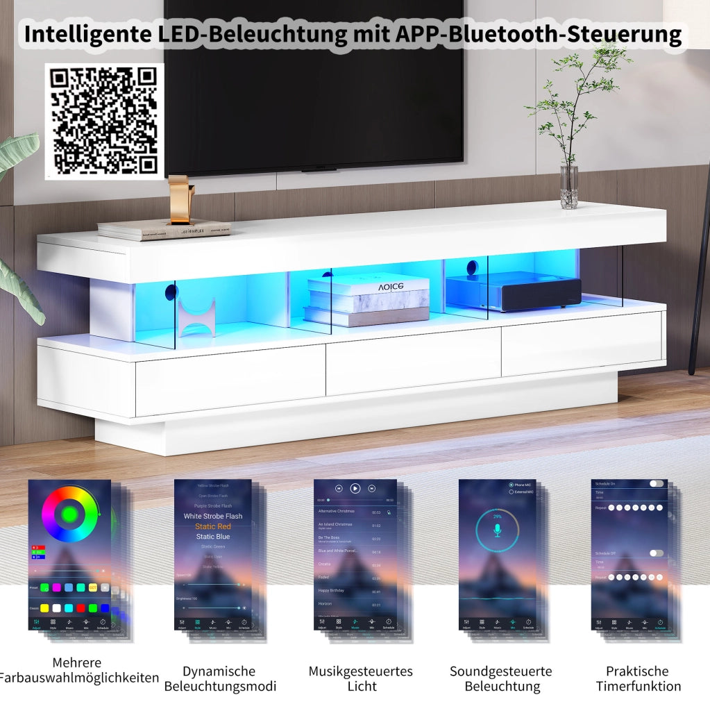 Mobile TV moderno bianco lucido 160x38x50,5 cm con LED Bluetooth