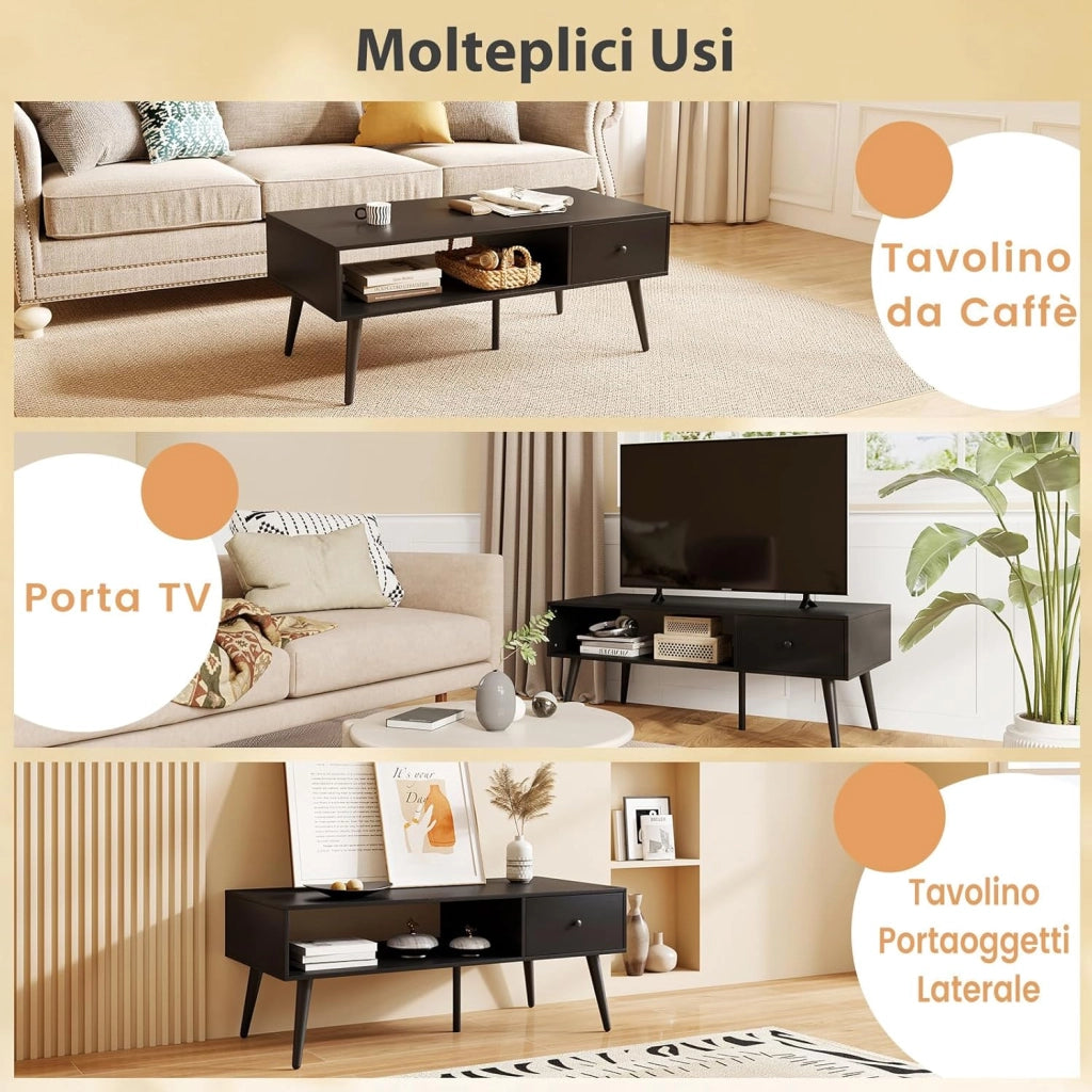 Tavolino da Salotto Rettangolare Design Moderno, Tavolino da Caffè con Cassetto e Mensola Inferiore, Tavolino Basso da Divano con Gambe in Metallo per Soggiorno, 109 x 55 x 42 cm (Nero)