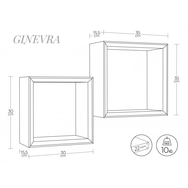 Set di 2 Mensole da Muro, Cubi Arredo, Mensole Cubo, Cubi da Parete, Cubi Portaoggetti, Rovere Imperiale 35x35 p15,5 cm, e 30x30 p15,5 cm - Ginevra