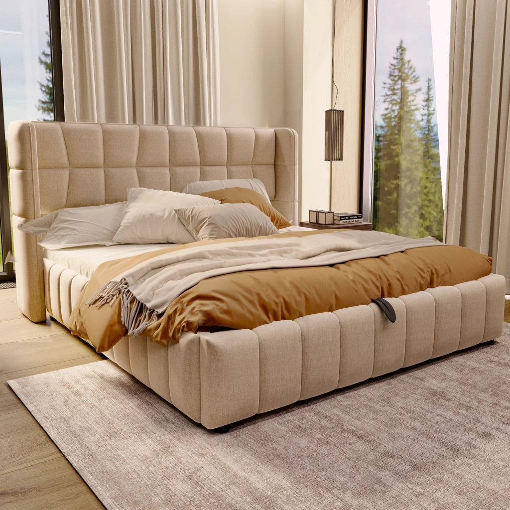 Letto matrimoniale in lino beige 180x200 con doghe pneumatico e testiera